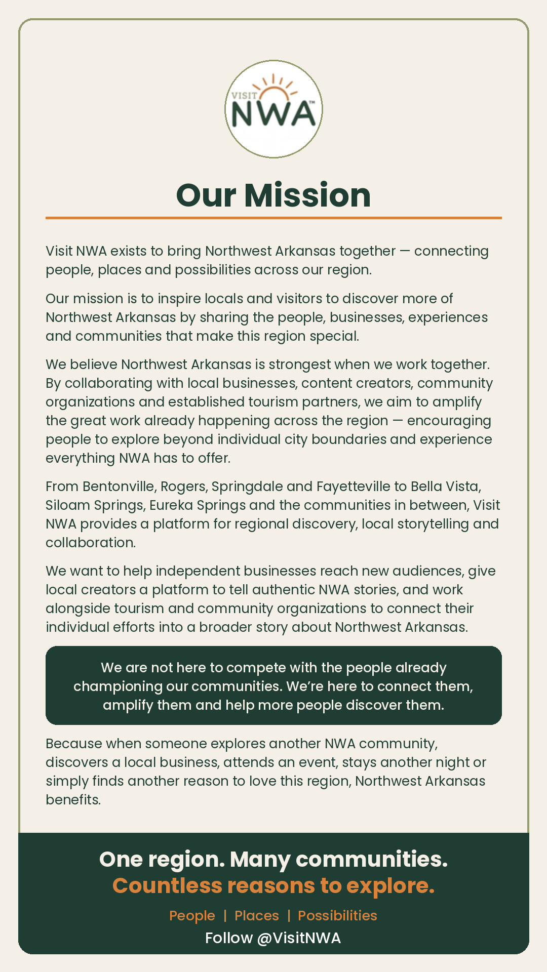 Visit NWA's mission: connecting people, places and possibilities across Northwest Arkansas. One region. Many communities. Countless reasons to explore.